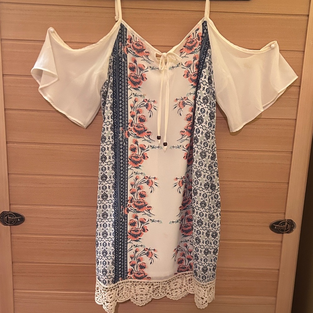 Jolt Cream Floral Cold-Shoulder Dress with Navy Panels
